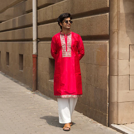 RED JARI ELEPHANT EMBROIDERED WORK KURTA PAJAMA SET FOR MEN'S