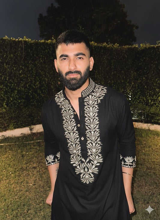 BLACK LEAF FOIL WORK EMBROIDERED KURTA WITH PAJAM