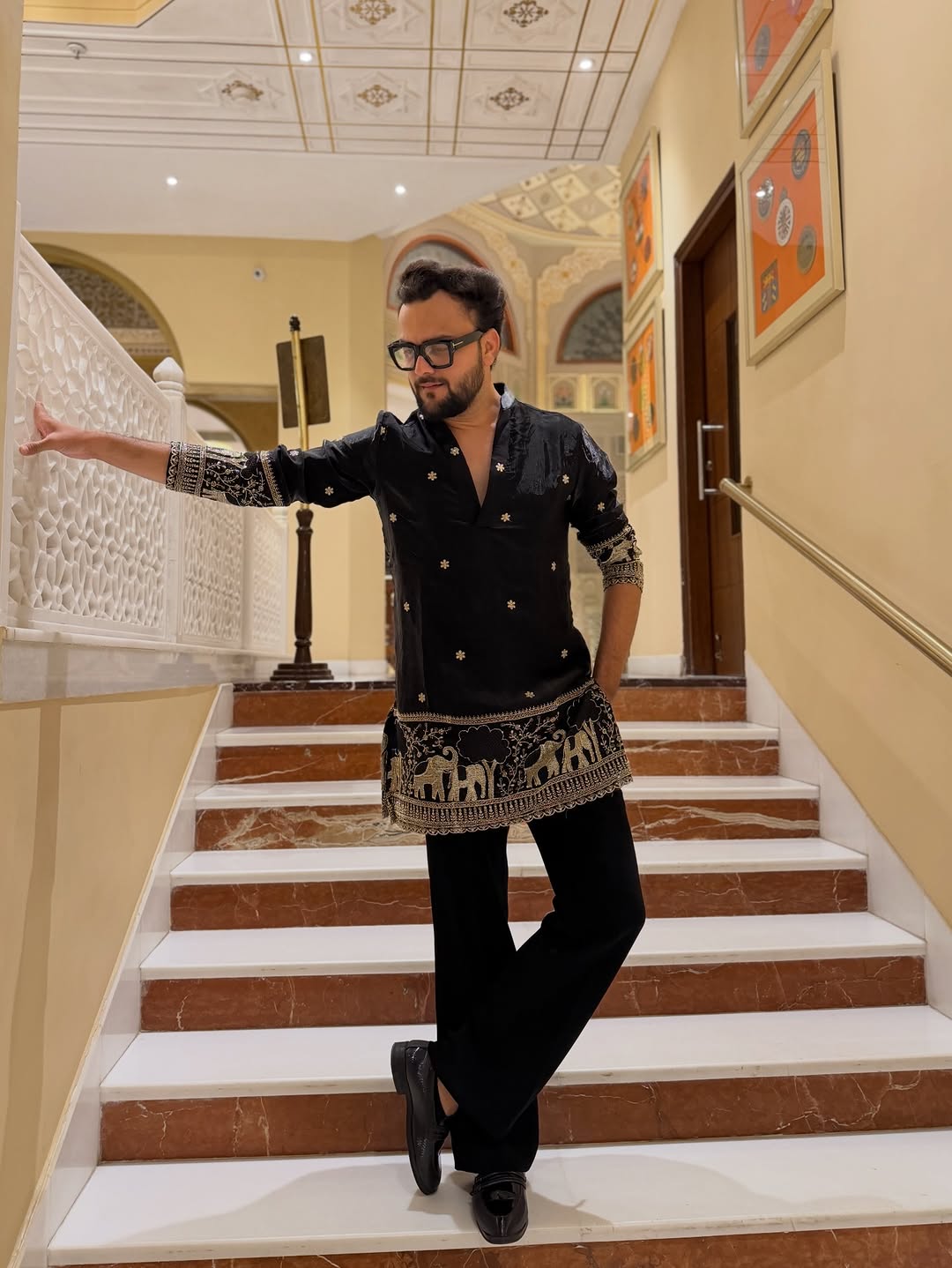 BLACK ELEPHANT AND BUTTI EMBROIDERY WORK KURTA PAJAMA SET