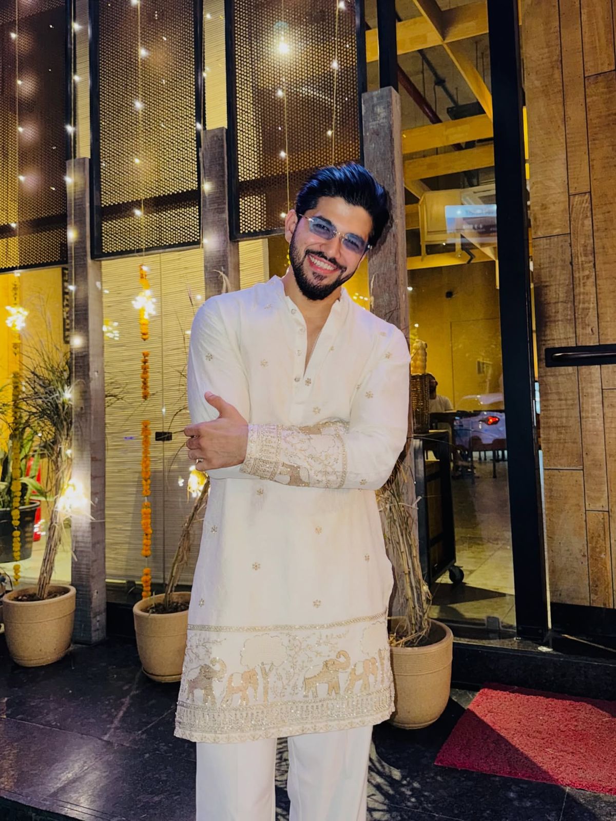 WHITE ELEPHANT AND BUTTI EMBROIDERY WORK KURTA PAJAMA SET