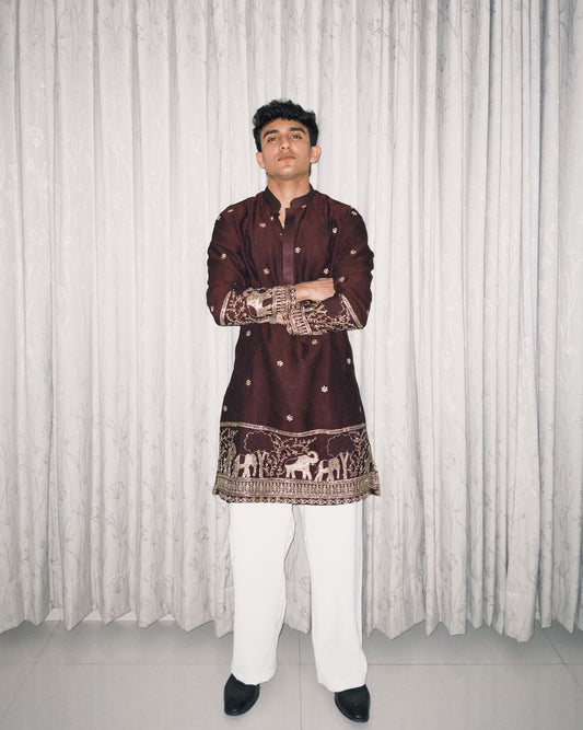 BROWN ELEPHANT AND BUTTI EMBROIDERY WORK KURTA PAJAMA SET