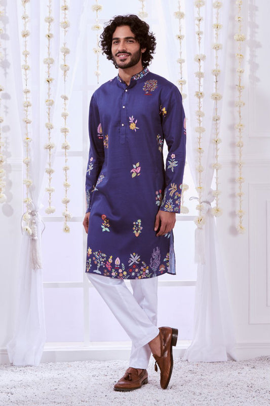 NAVY MULTI NIZAM KALAMKARI PRINTED KURTA WITH PAJAMA SET FOR MEN