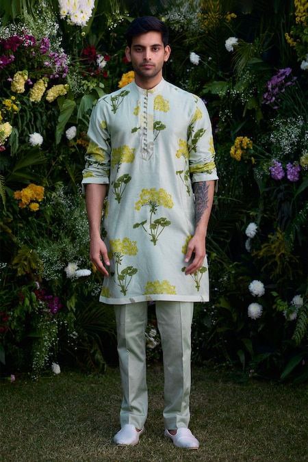 MIST GREEN FLORAL BLOCK PRINTED KURTA PAJAMA SET FOR MENS
