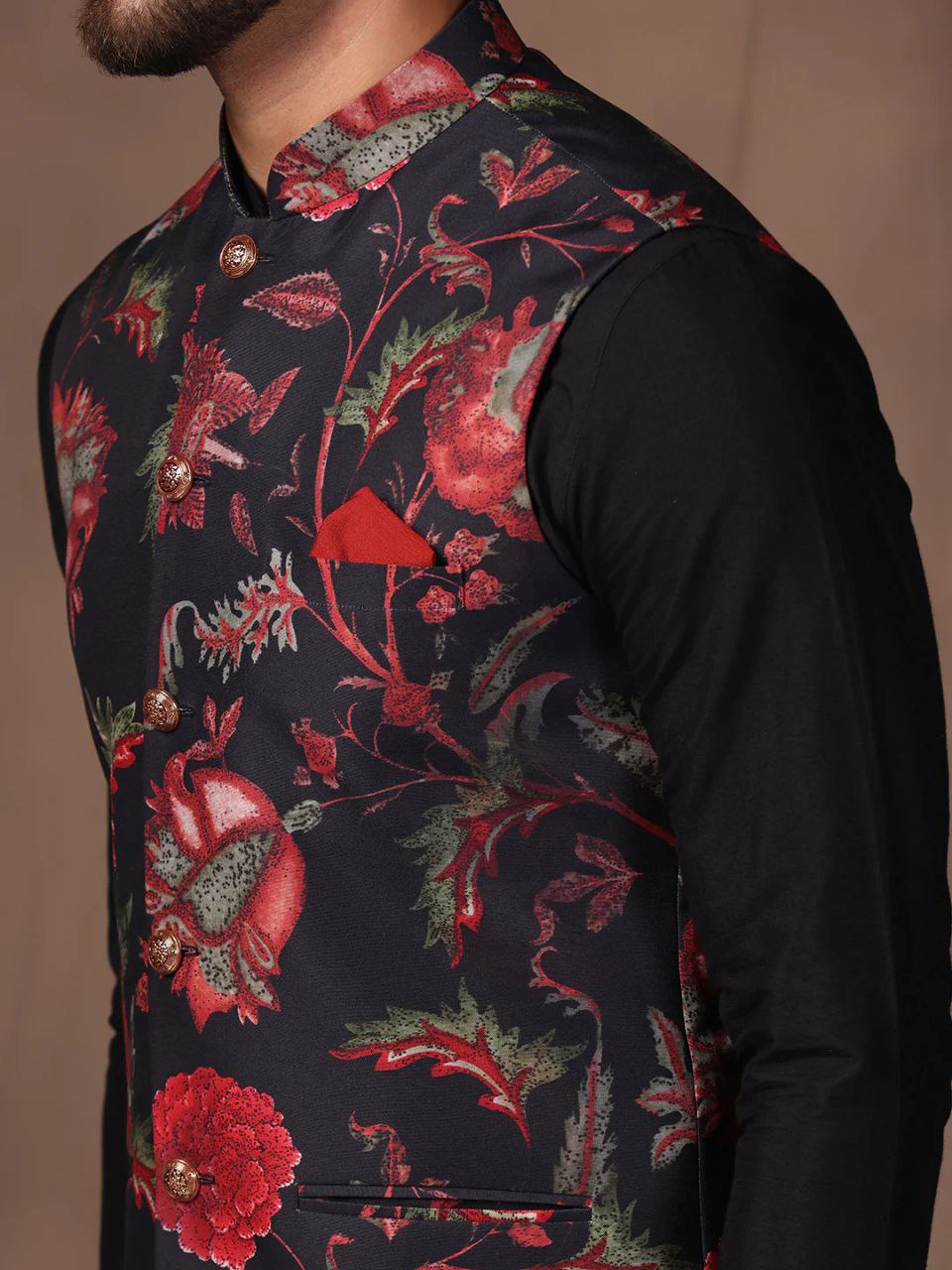 BLACK COTTON BLEND EMBELISHED REGULAR FIT MANDARIN COLLOR SLEEVELESS