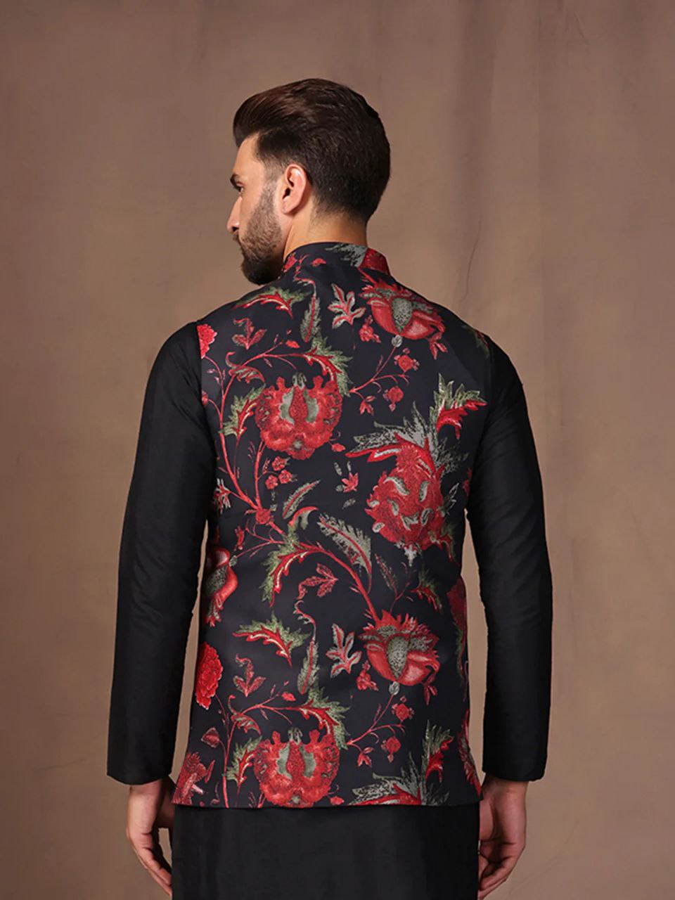 BLACK COTTON BLEND EMBELISHED REGULAR FIT MANDARIN COLLOR SLEEVELESS