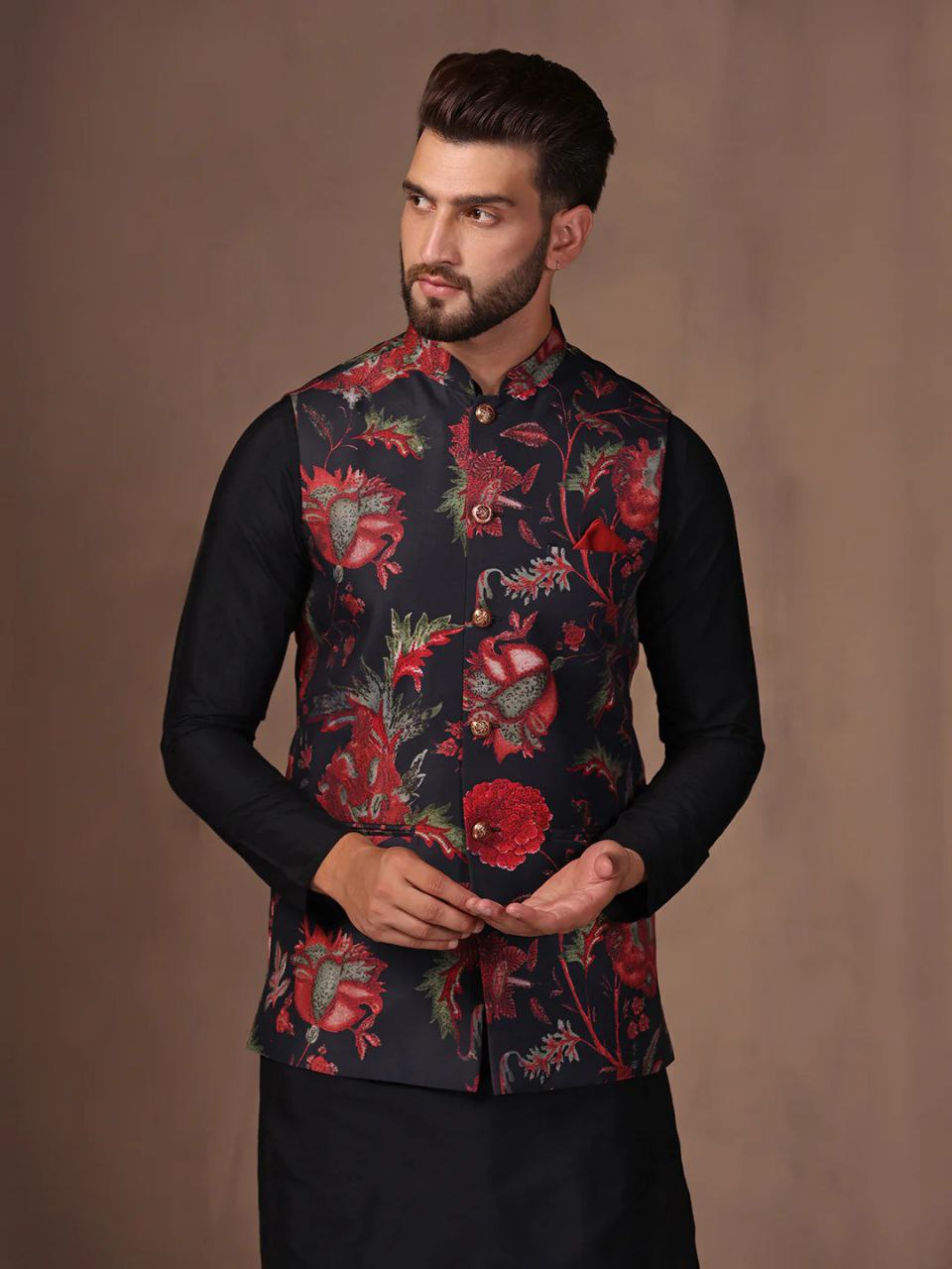 BLACK COTTON BLEND EMBELISHED REGULAR FIT MANDARIN COLLOR SLEEVELESS