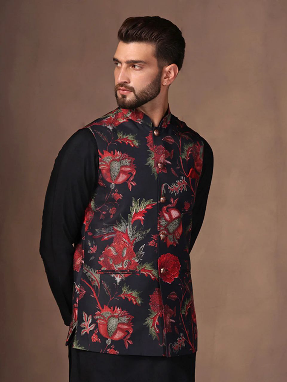 BLACK COTTON BLEND EMBELISHED REGULAR FIT MANDARIN COLLOR SLEEVELESS