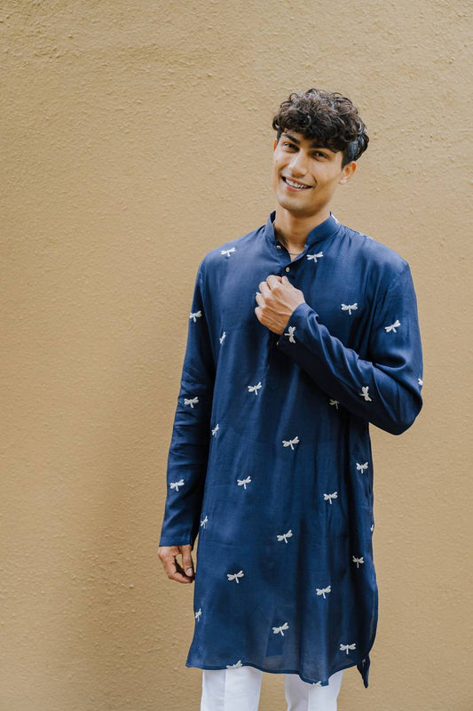 NAVY BLUE DRAGON FLY EMBROIDERY WORK KURTA WITH PAJAMA SET FOR MENS