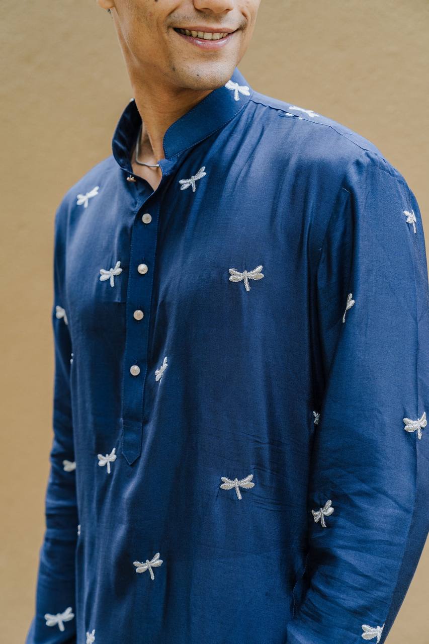 NAVY BLUE DRAGON FLY EMBROIDERY WORK KURTA WITH PAJAMA SET FOR MENS