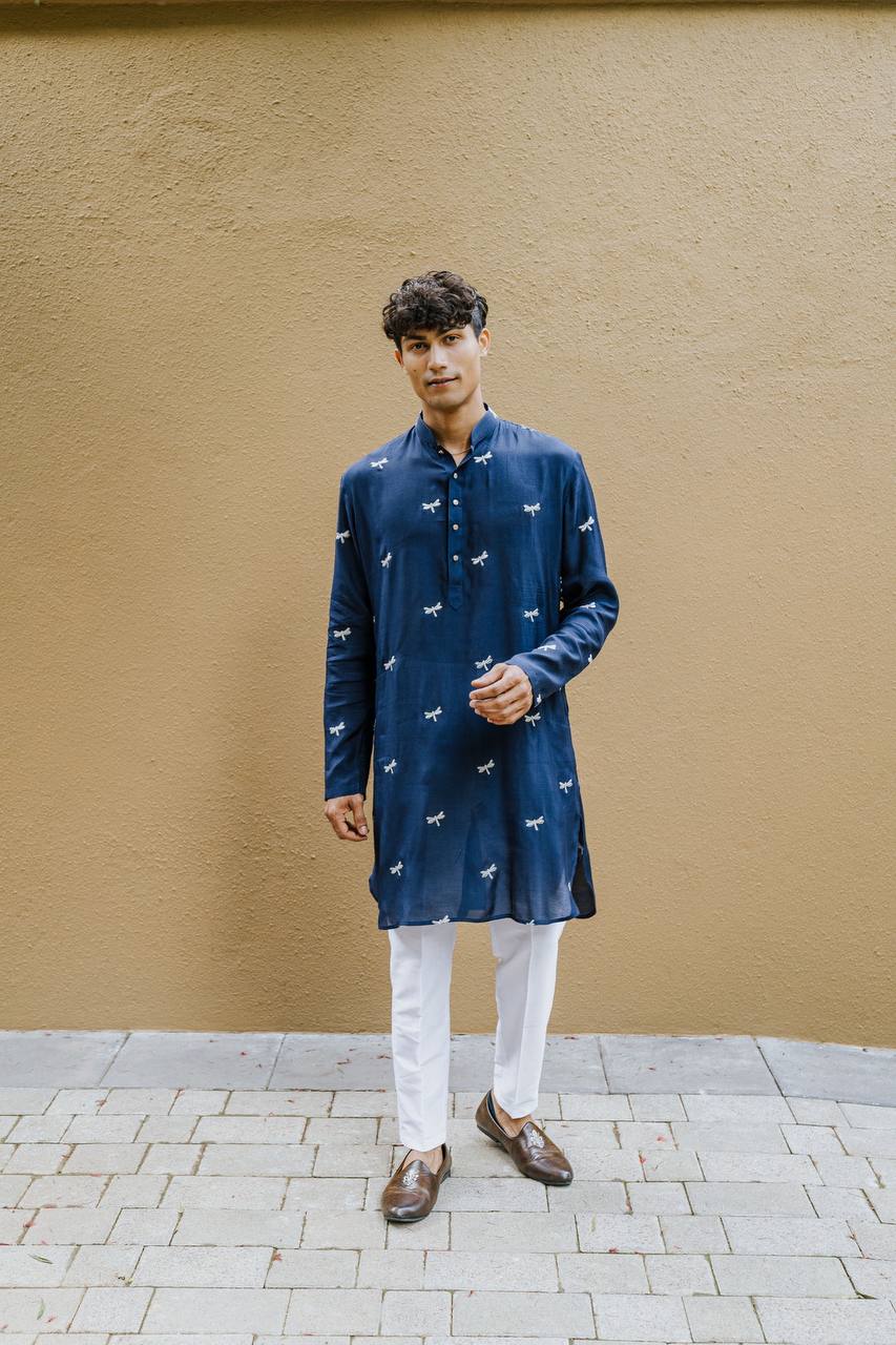 NAVY BLUE DRAGON FLY EMBROIDERY WORK KURTA WITH PAJAMA SET FOR MENS