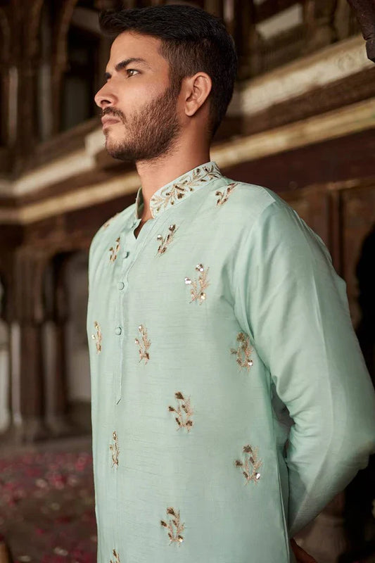BABY BLUE FLORAL MOTIF SWQUIN-ZARI WORK KURTA WITH PANT