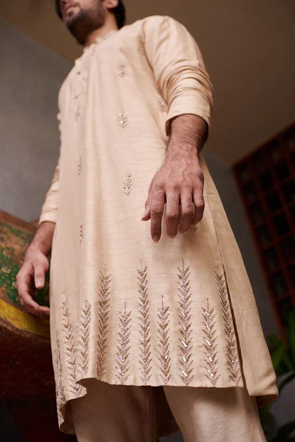 GOLD LEAF DAMAN SEQUENCE EMBROIDERED WORK KURTA PAJAMA SET