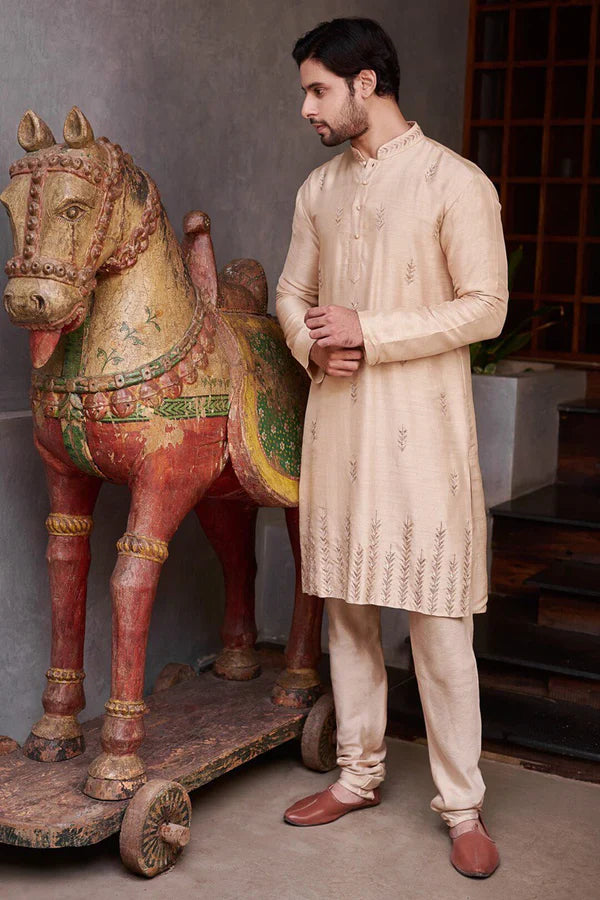 GOLD LEAF DAMAN SEQUENCE EMBROIDERED WORK KURTA PAJAMA SET