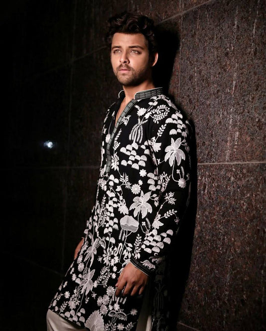 FLORAL EMBROIDERED WORK KURTA PAJAMA SET FOT MEN'S