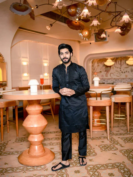 BLACK NECK EMBROIDERD MENS KURTA SET