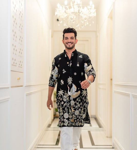 BLACK EMBROIDERED DAMAN WORK KURTA PAJAMA SET FOR MEN'S