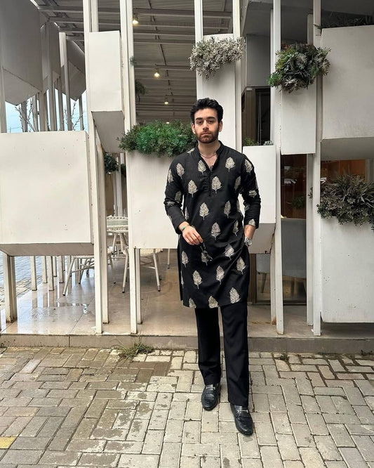 BLACK THREAD EMBROIDERED KURTA WITH PAJAMA FOR MENS