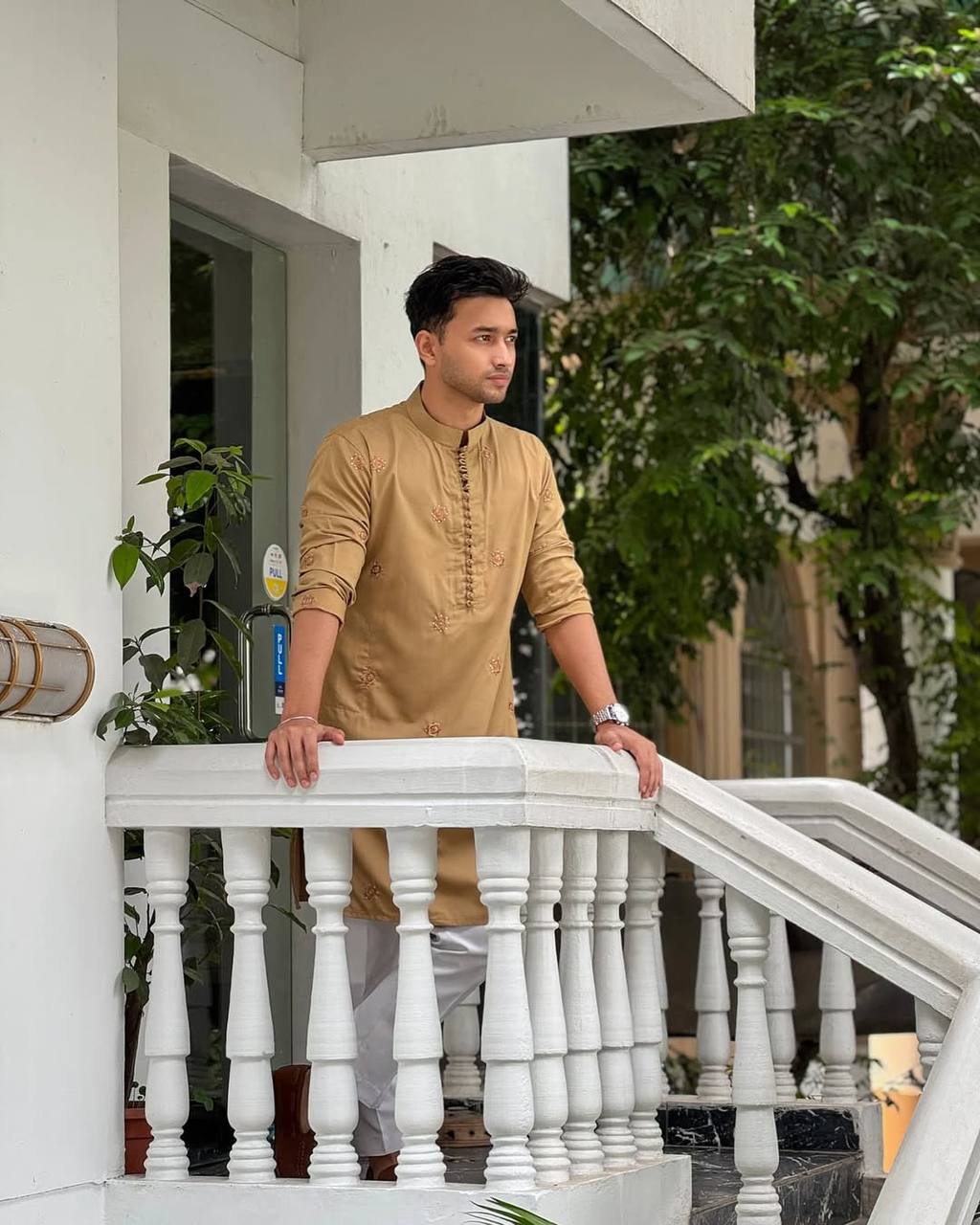 CAMEL COLOR & EMBROIDERED WORK KURTA PAJAMA SET FOR MEN'S