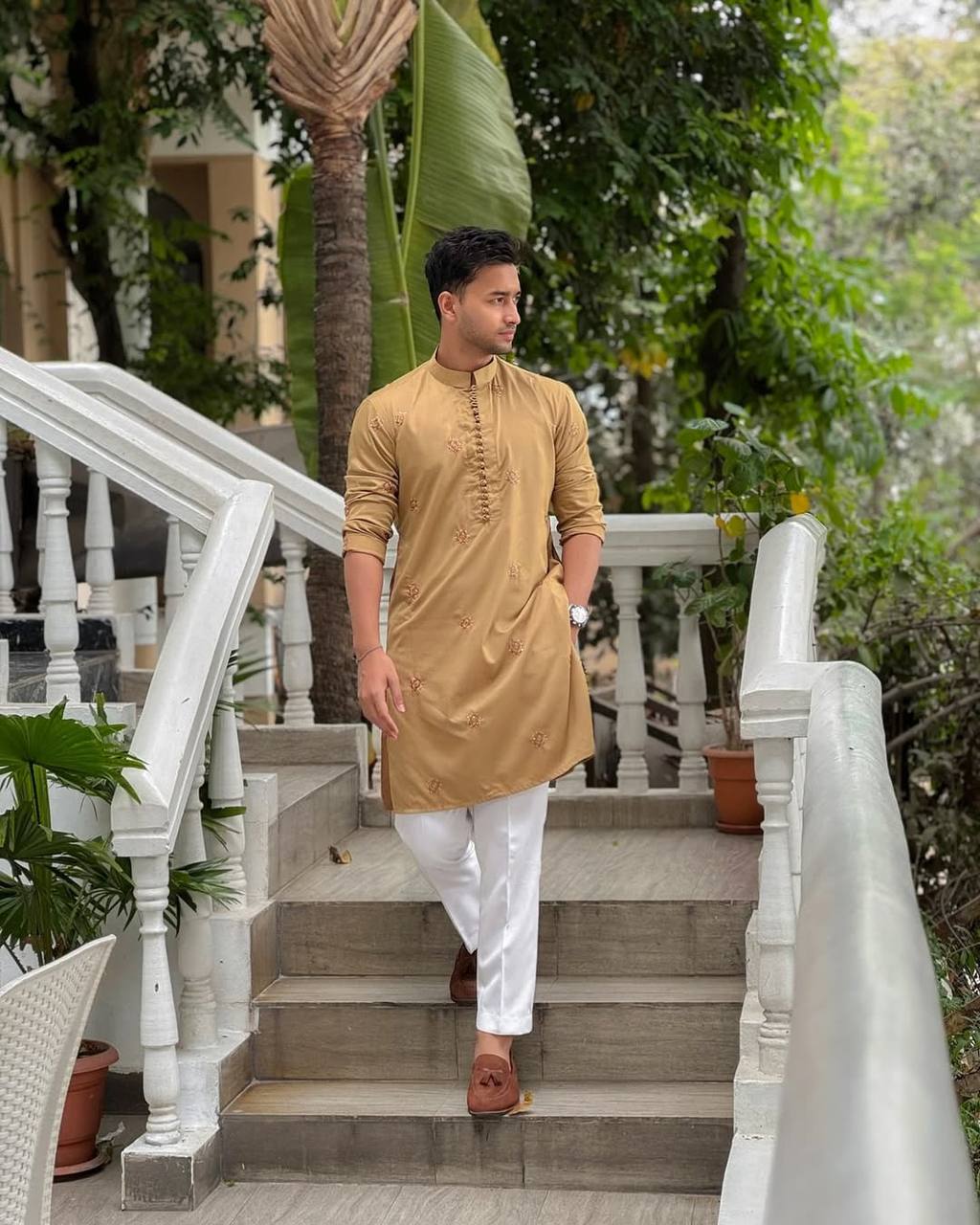 CAMEL COLOR & EMBROIDERED WORK KURTA PAJAMA SET FOR MEN'S