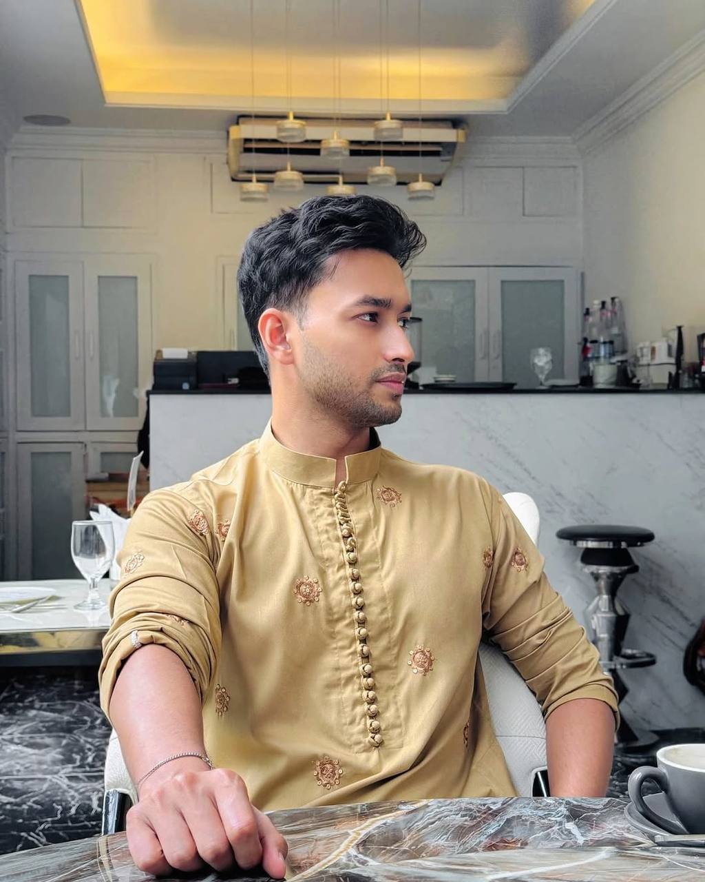 CAMEL COLOR & EMBROIDERED WORK KURTA PAJAMA SET FOR MEN'S
