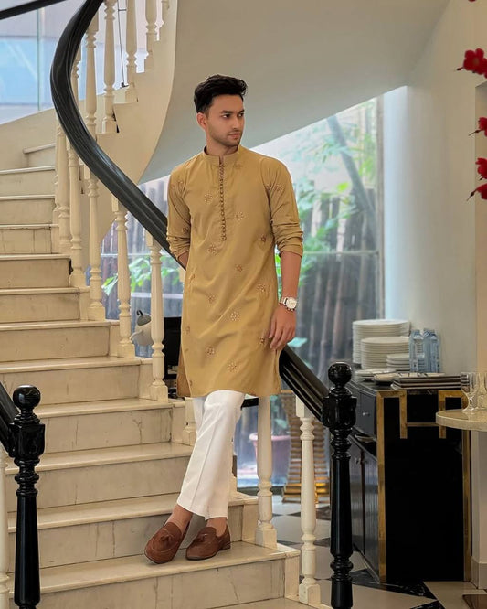 CAMEL COLOR & EMBROIDERED WORK KURTA PAJAMA SET FOR MEN'S