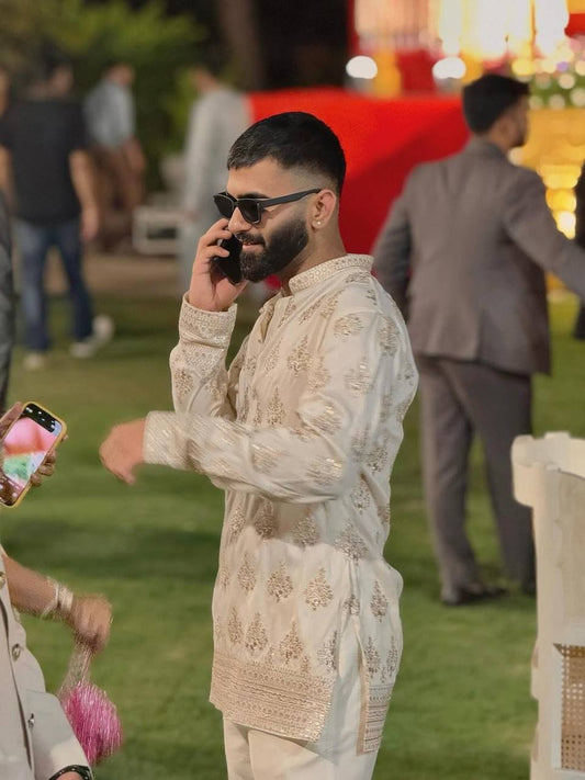 BEIGE MOTIF EMBROIDERED WORK KURTA, PAJAMA SET FOR MEN'S