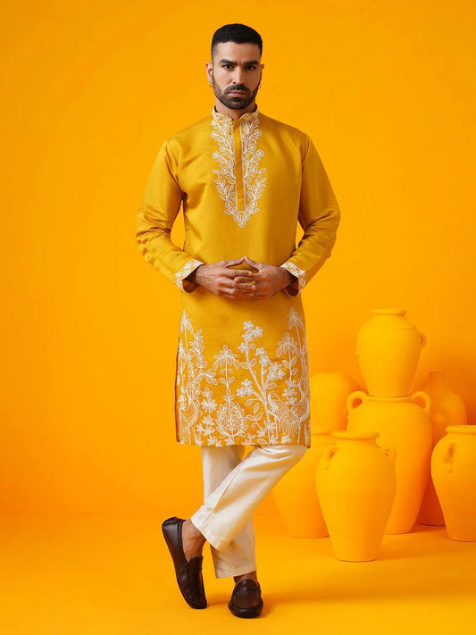 MUSTED YELLOW FLORAL DORI EMBROIDERED KURTA PAJAMA SET