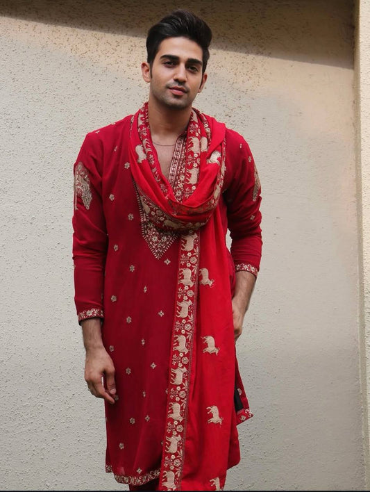 RED HEAVY JARI EMBROIDERED WORK KURTA PAJAMA AND DUPATTA SET FOR MEN'S