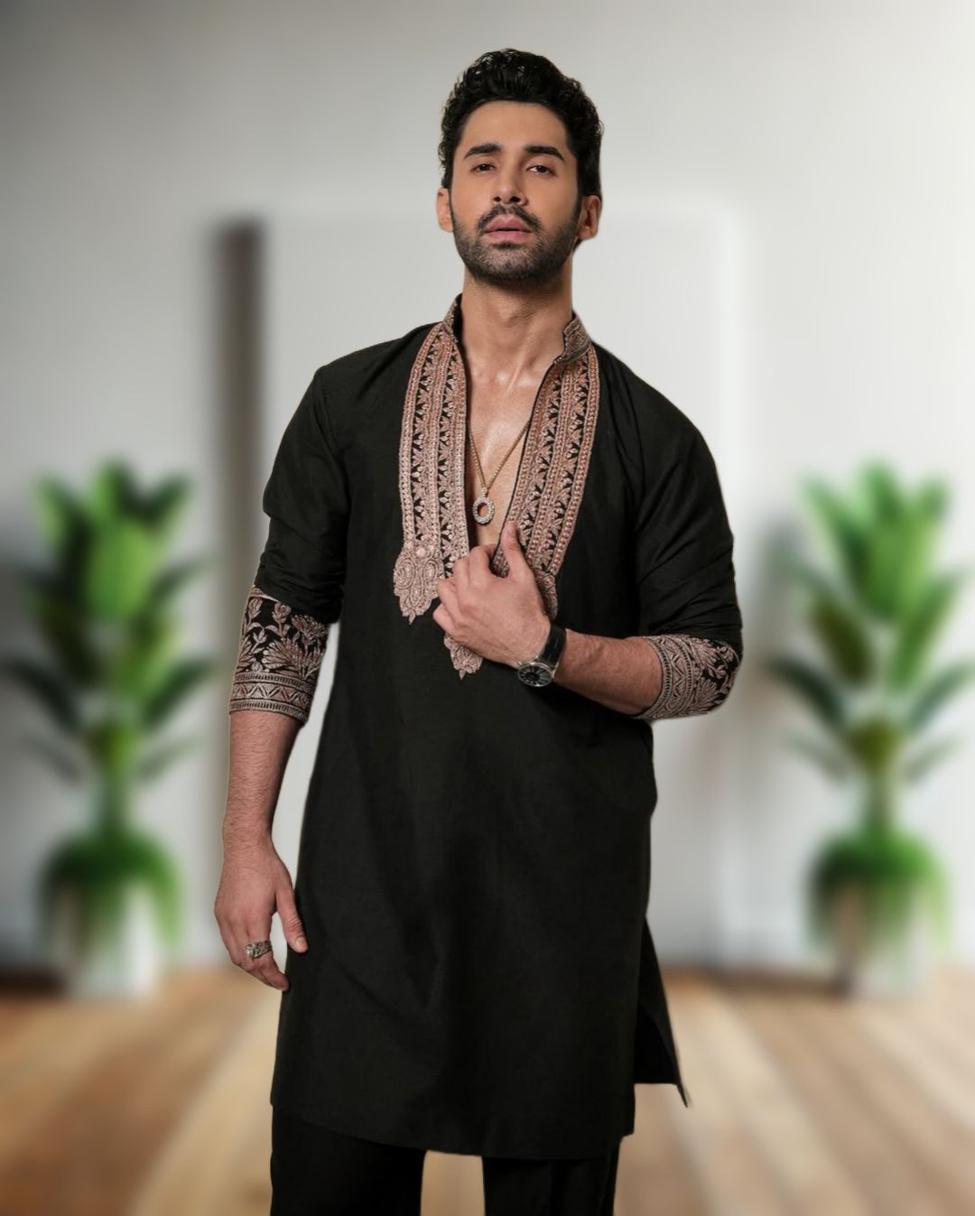 BLACK V NECK EMBROIDERD KURTA PAJAMA SET