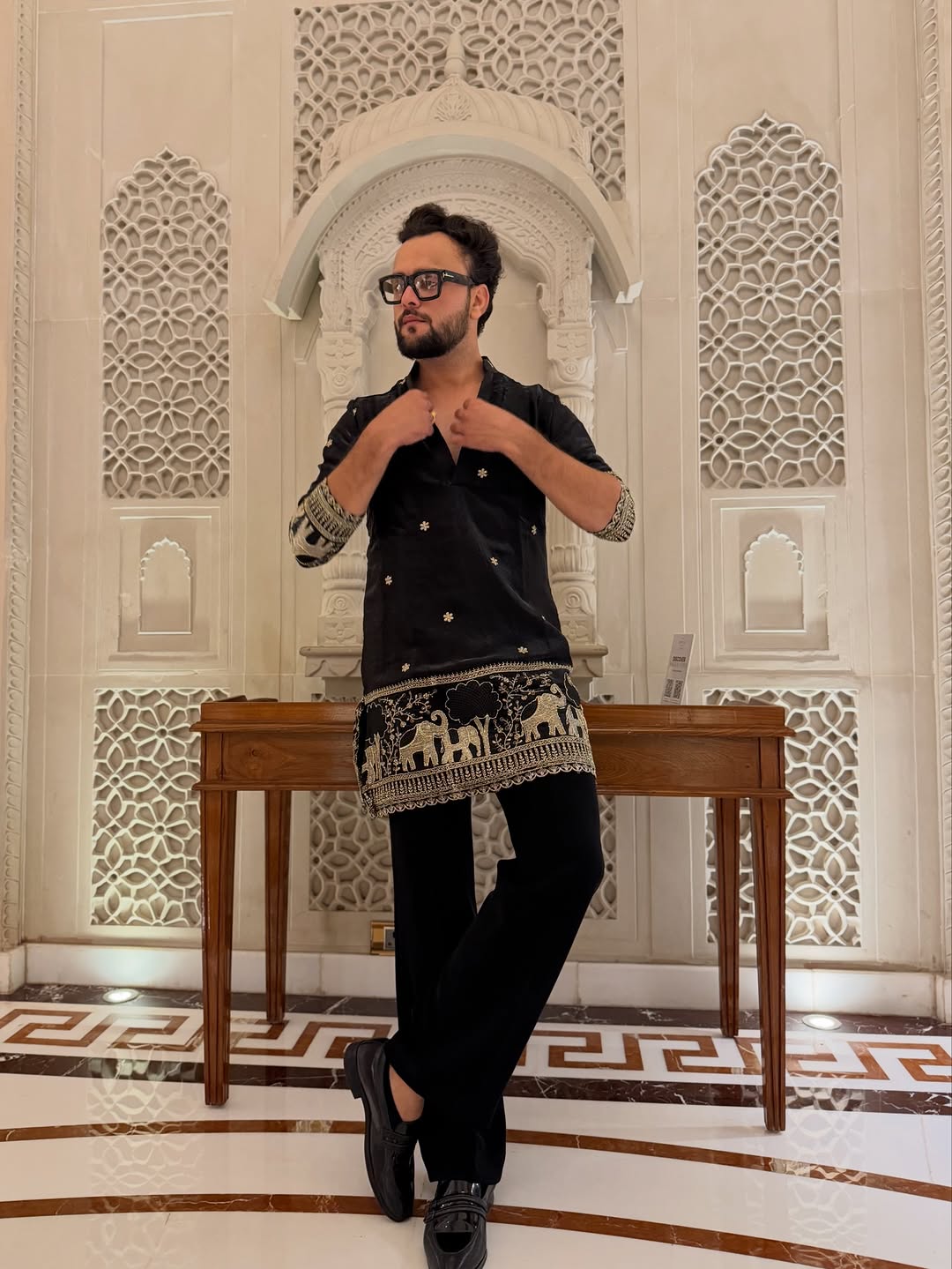 BLACK  ELEPHANT AND BUTTI EMBROIDERY WORK KURTA PAJAMA SET