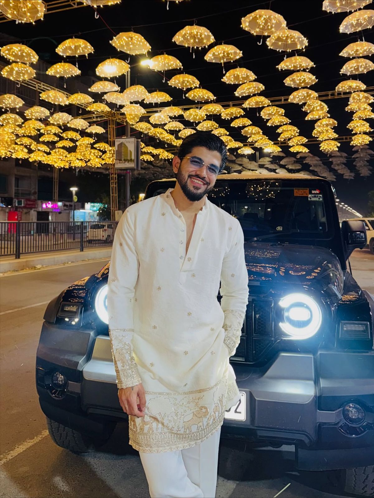 WHITE ELEPHANT AND BUTTI EMBROIDERY WORK KURTA PAJAMA SET