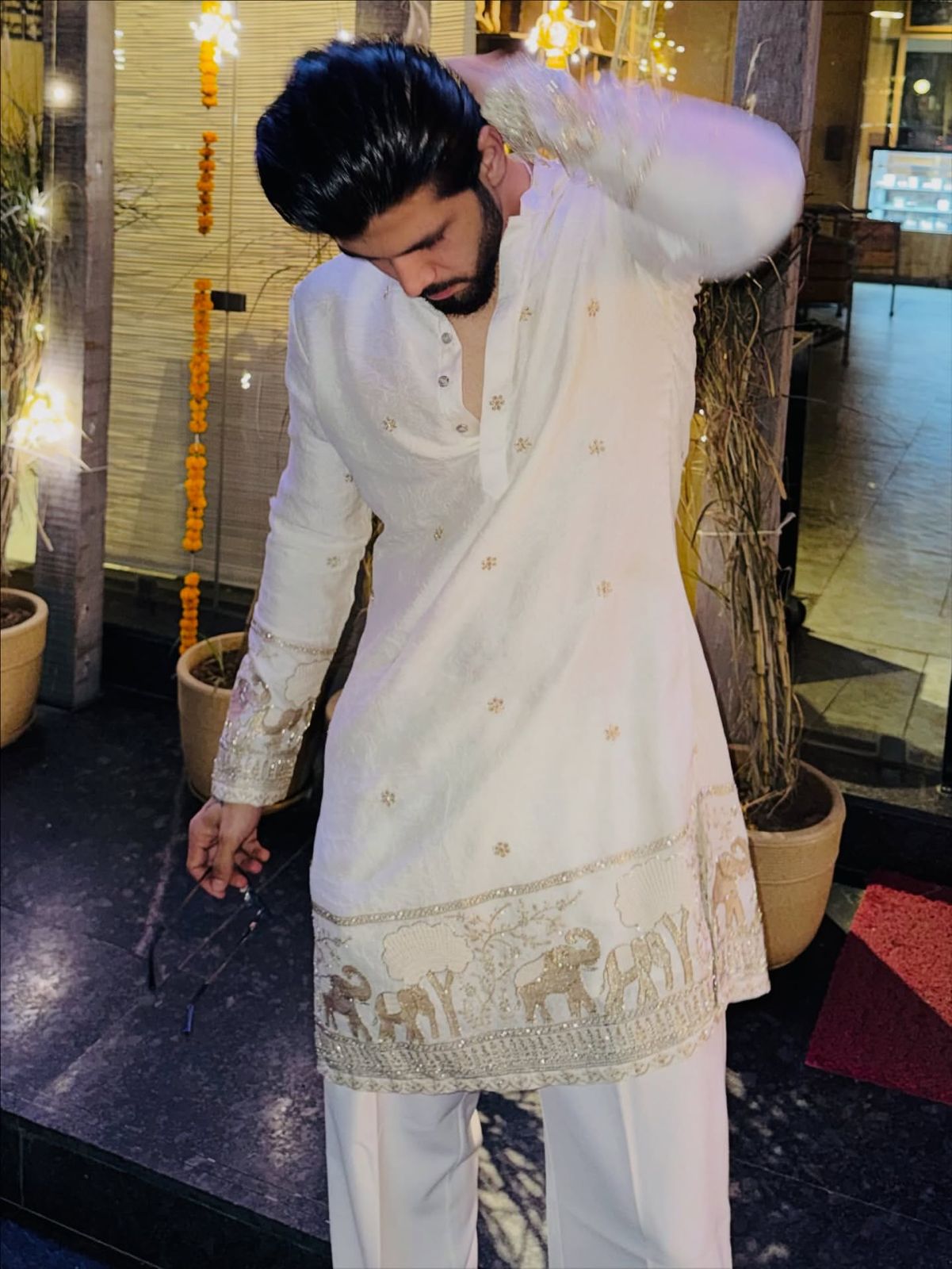 WHITE ELEPHANT AND BUTTI EMBROIDERY WORK KURTA PAJAMA SET