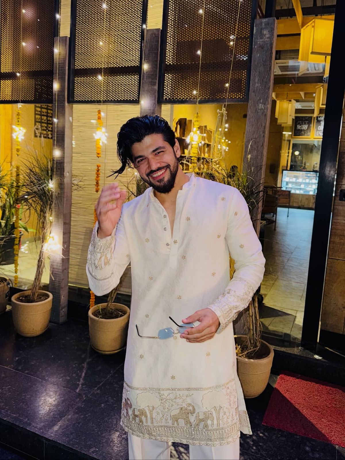 WHITE ELEPHANT AND BUTTI EMBROIDERY WORK KURTA PAJAMA SET