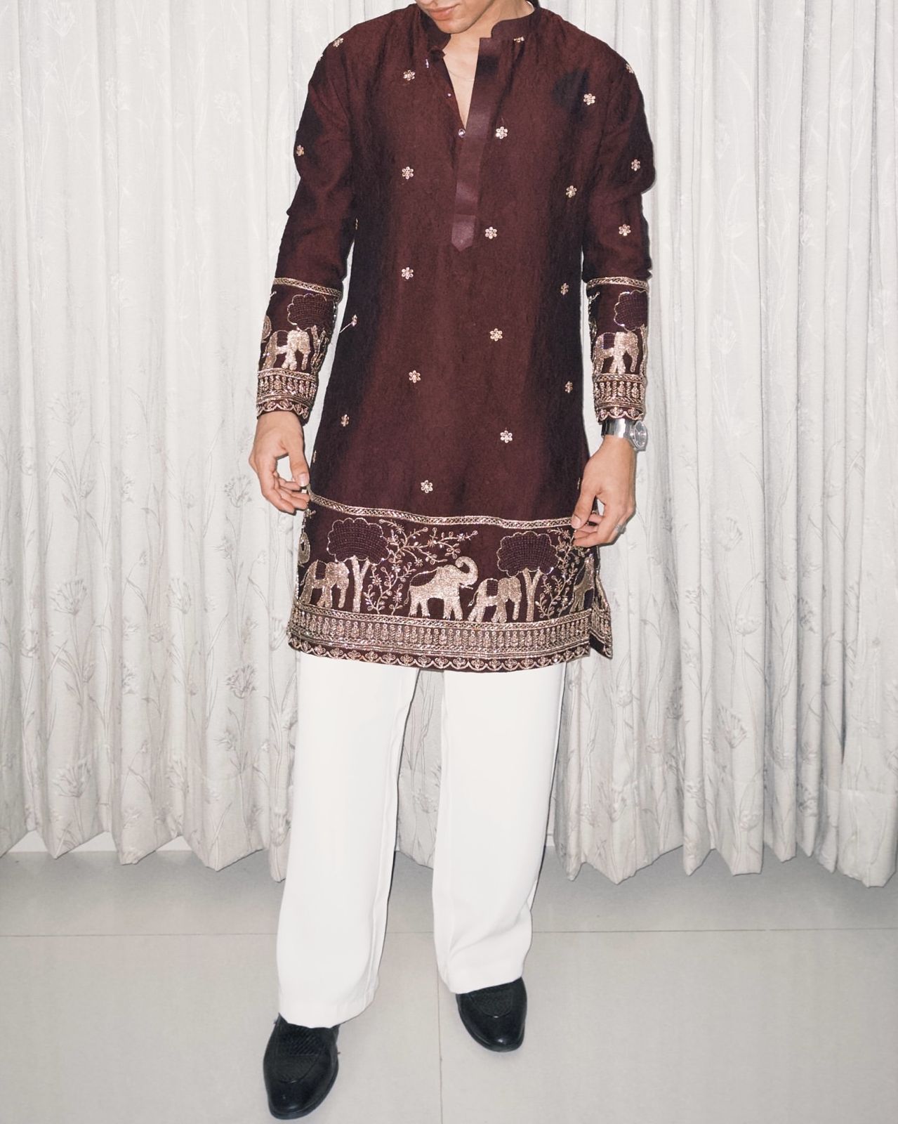 BROWN  ELEPHANT AND BUTTI EMBROIDERY WORK KURTA PAJAMA SET