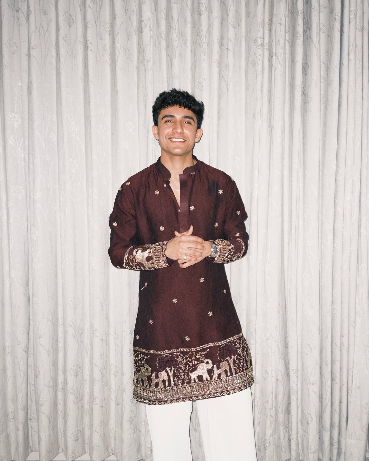 BROWN  ELEPHANT AND BUTTI EMBROIDERY WORK KURTA PAJAMA SET