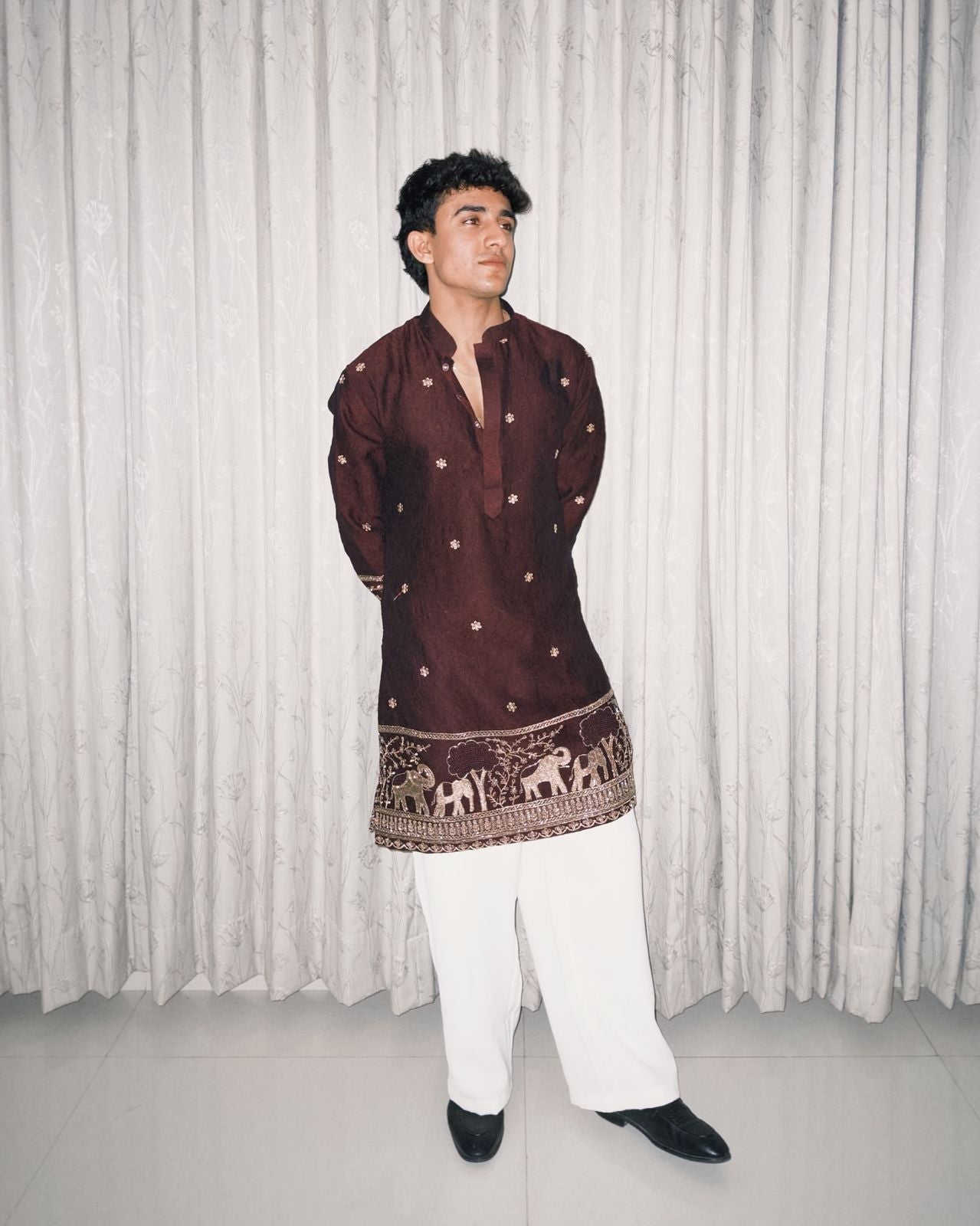 BROWN  ELEPHANT AND BUTTI EMBROIDERY WORK KURTA PAJAMA SET