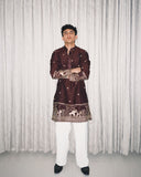 BROWN  ELEPHANT AND BUTTI EMBROIDERY WORK KURTA PAJAMA SET