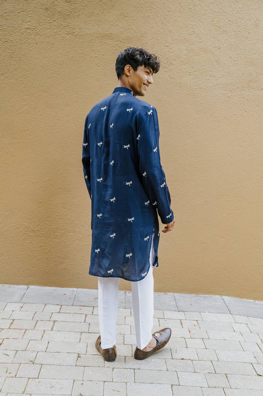 NAVY BLUE DRAGON  FLY EMBROIDERY WORK KURTA WITH PAJAMA SET FOR MENS