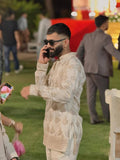 BEIGE  MOTIF EMBROIDERED WORK KURTA, PAJAMA  SET FOR MEN'S