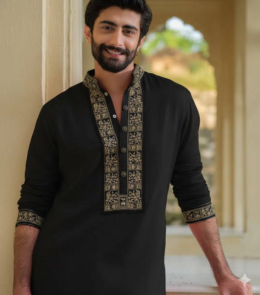 BLACK EMBROIDERED  KURTA PAJAMA SET